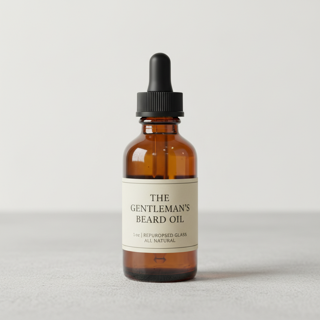 1 oz bottle of beard oil using repurposed essential oil brown bottles